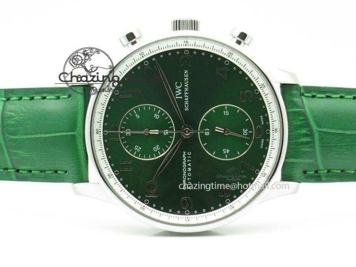 MIROTIME 1228 Versatile Portuguese 40mm Chrono SS Green Dial On Green Leather Strap A 7380